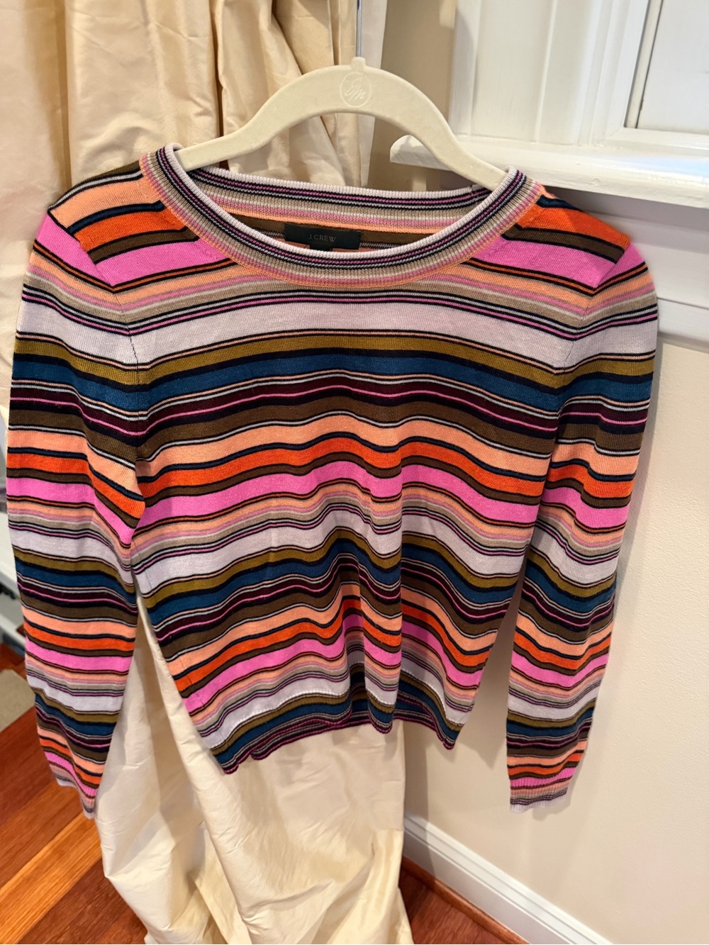 J. Crew merino Striped Long Sleeve Crewneck Sweater in Pink, Orange & Blue XS